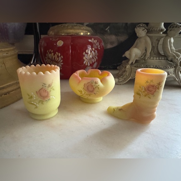 Vintage Fenton Glass Trio Set – Mini Boot Vase & Toothpick Holder